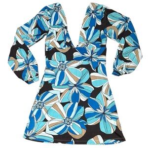 70s retro micro mini dress bright blue fun long sleeve hippie costume dress